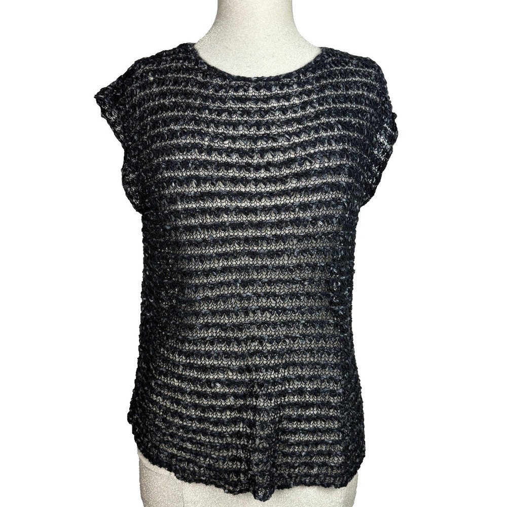 Eileen Fisher Knit Top Women S Black Organic Linen Cotton Italian Yarn Mesh READ